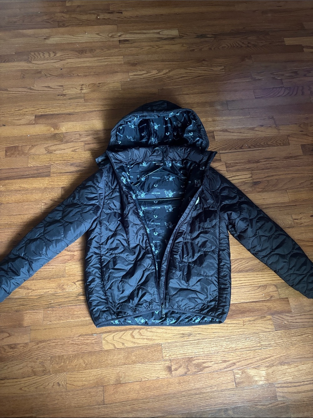 True Religion Black Quilted Hooded Jacket with Logo Lining
